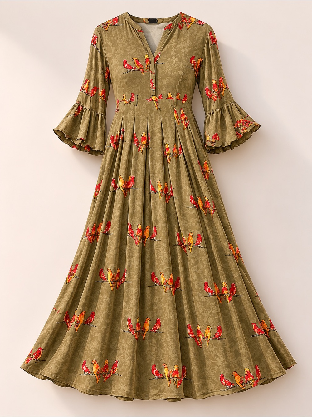 Olive Green Midi Dress with Red & Gold Bird Motif
